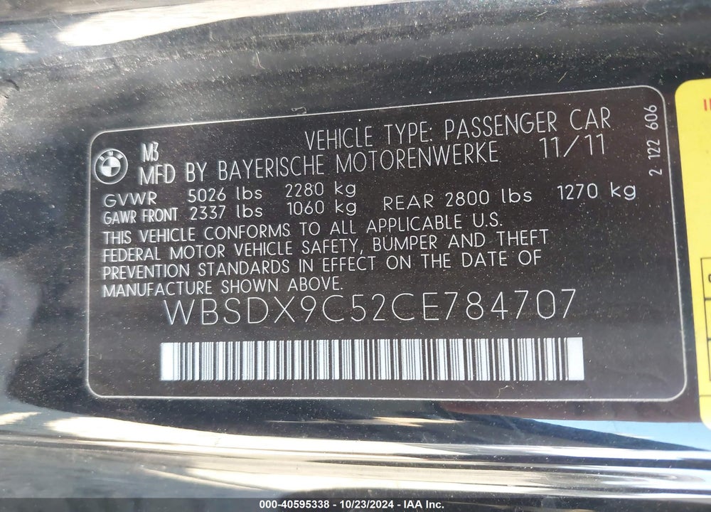 2012 BMW M3 VIN: WBSDX9C52CE784707