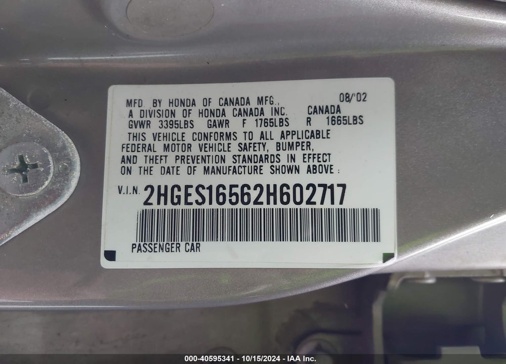 2002 HONDA CIVIC LX VIN: 2HGES16562H602717