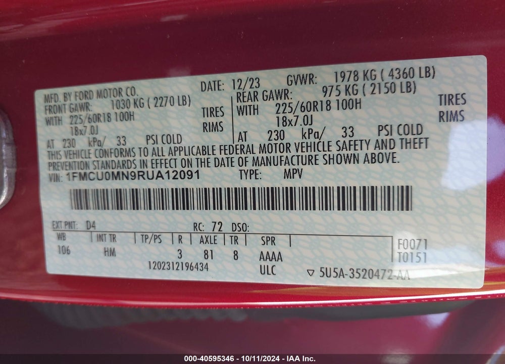2024 FORD ESCAPE ST LINE VIN: 1FMCU0MN9RUA12091