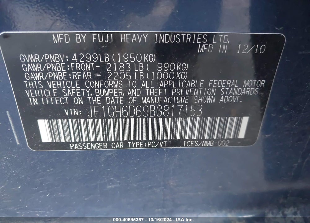 2011 SUBARU IMPREZA OUTBACK SPORT VIN: JF1GH6D69BG817153