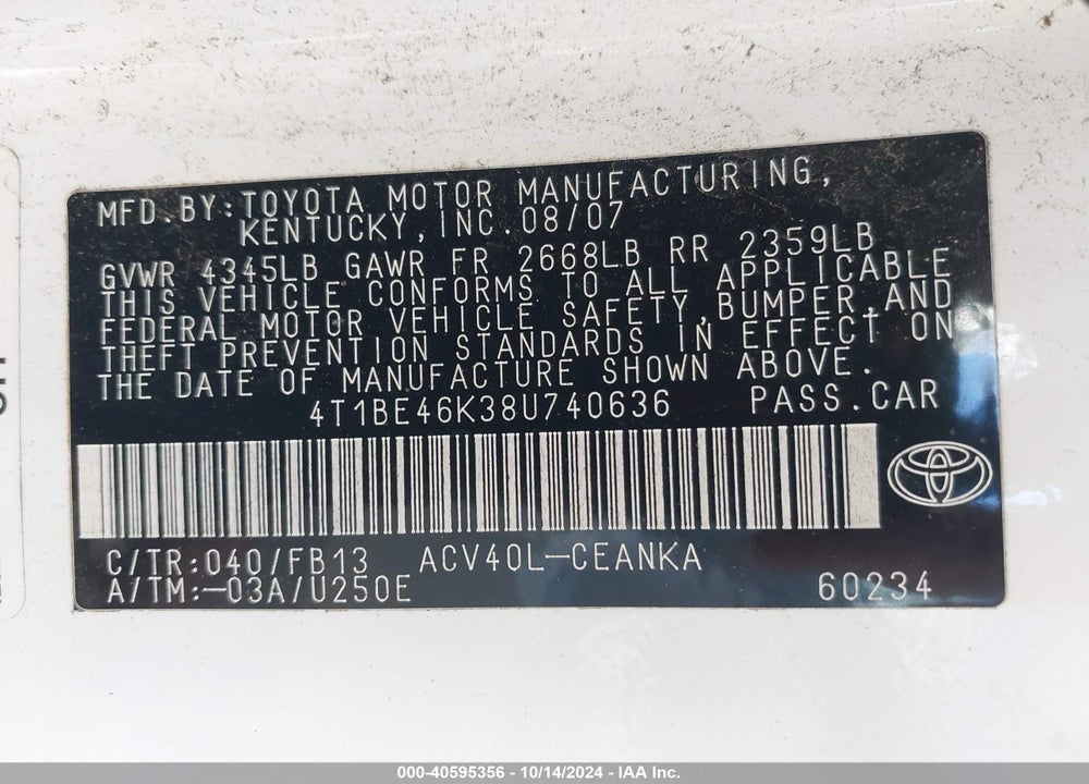 2008 TOYOTA CAMRY LE VIN: 4T1BE46K38U740636
