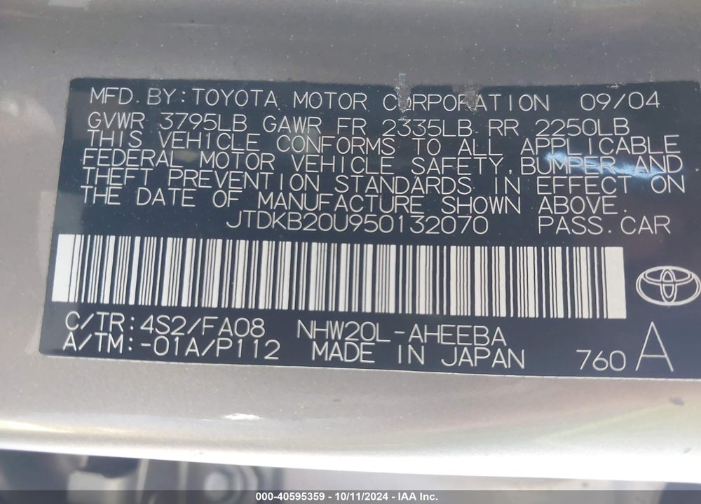 2005 TOYOTA PRIUS VIN: JTDKB20U950132070