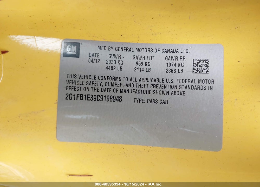 2012 CHEVROLET CAMARO 1LT VIN: 2G1FB1E39C9198948