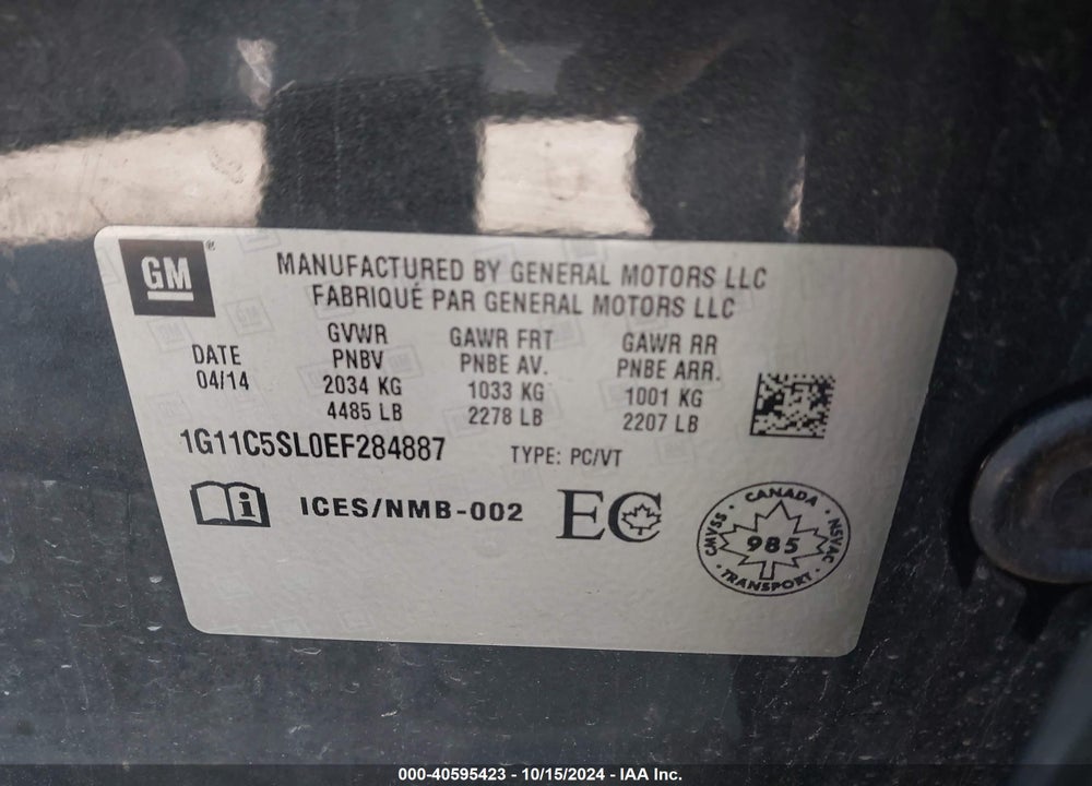 2014 CHEVROLET MALIBU VIN: 1G11C5SL0EF284887