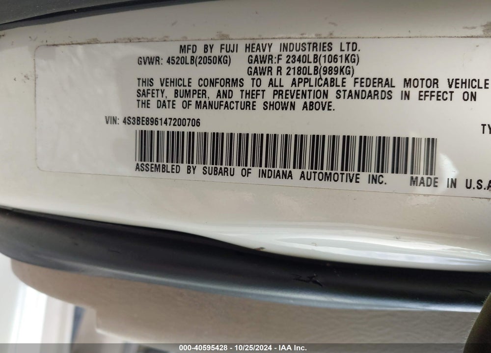 2004 SUBARU OUTBACK H6-3.0/H6-3.0 VDC VIN: 4S3BE896147200706