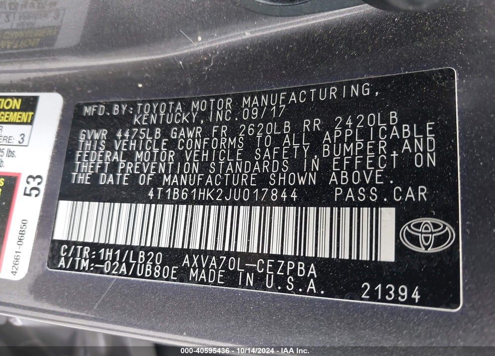 2018 TOYOTA CAMRY XSE VIN: 4T1B61HK2JU017844