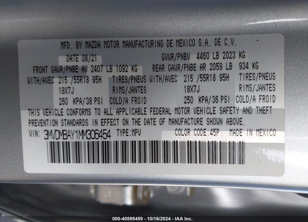 2021 MAZDA CX-30 2.5 TURBO VIN: 3MVDMBAY1MM306454