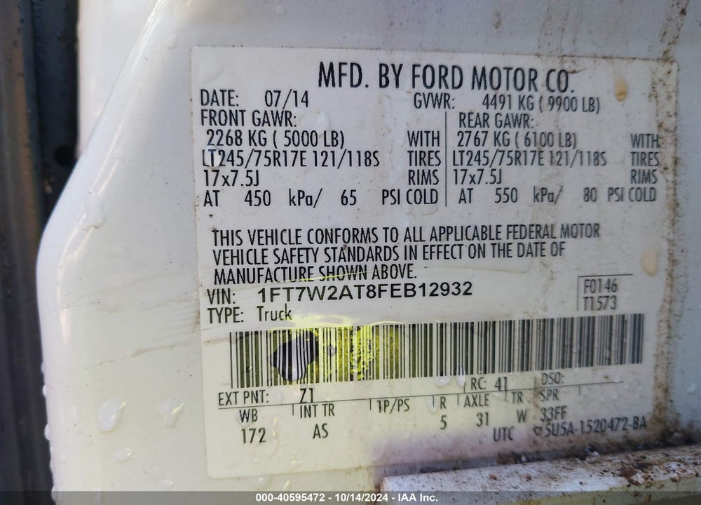 2015 FORD F-250 XL VIN: 1FT7W2AT8FEB12932