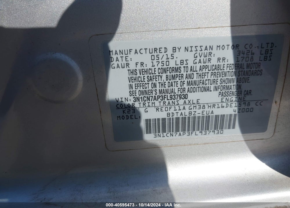 2015 NISSAN VERSA 1.6 SV VIN: 3N1CN7AP3FL937930