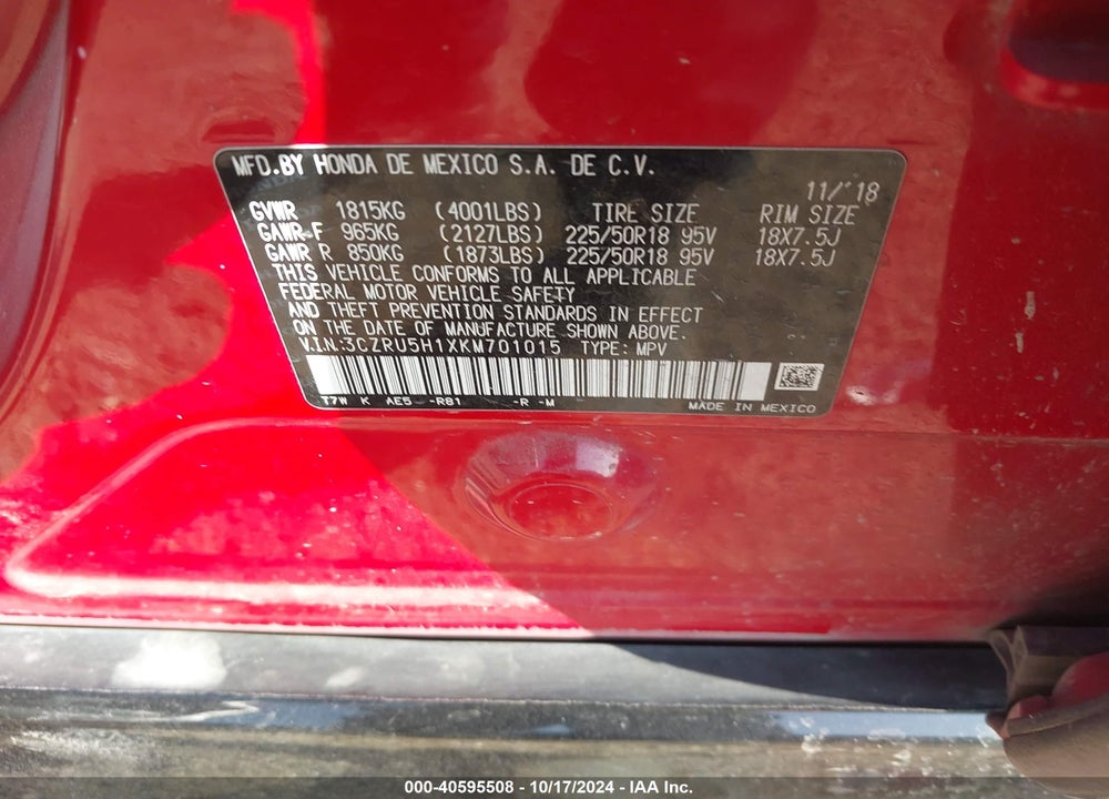 2019 HONDA HR-V SPORT VIN: 3CZRU5H1XKM701015
