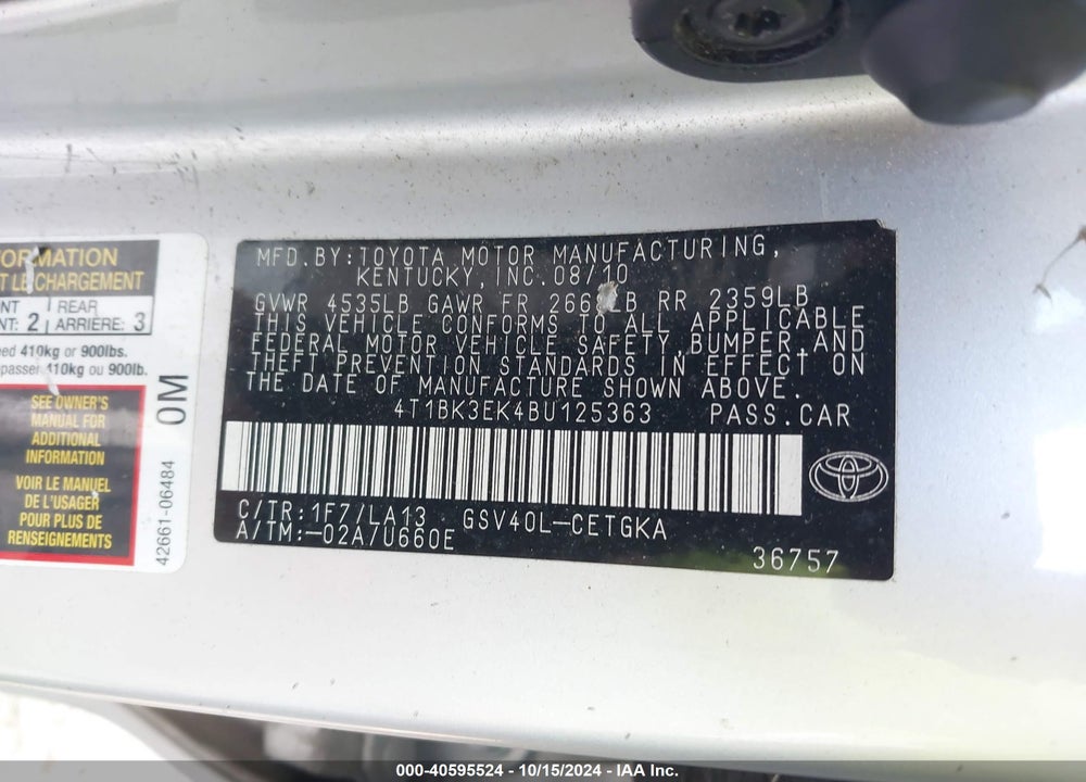 2011 TOYOTA CAMRY XLE V6 VIN: 4T1BK3EK4BU125363