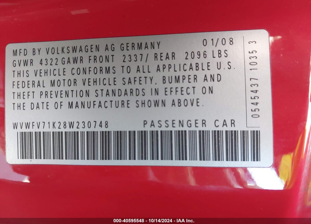 2008 VOLKSWAGEN GTI 2-DOOR VIN: WVWFV71K28W230748