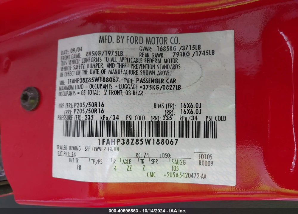 2005 FORD FOCUS ZX4 VIN: 1FAHP38Z85W188067