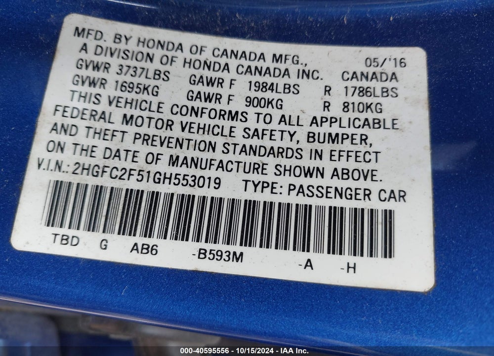 2016 HONDA CIVIC LX VIN: 2HGFC2F51GH553019