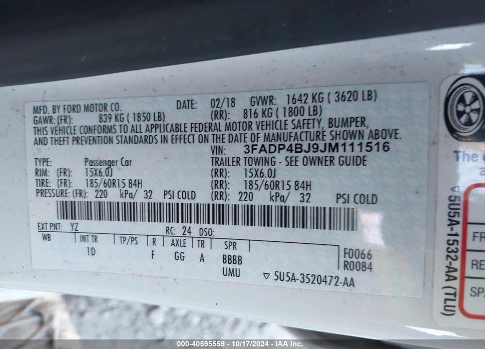 2018 FORD FIESTA SE VIN: 3FADP4BJ9JM111516