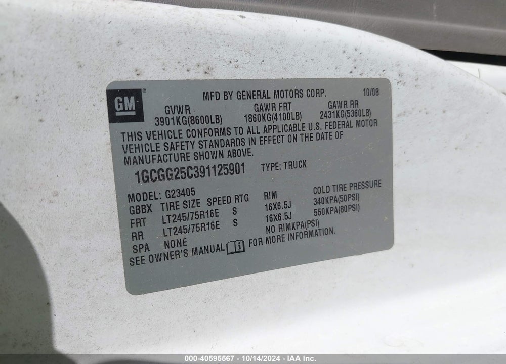 2009 CHEVROLET EXPRESS 2500 VIN: 1GCGG25C391125901
