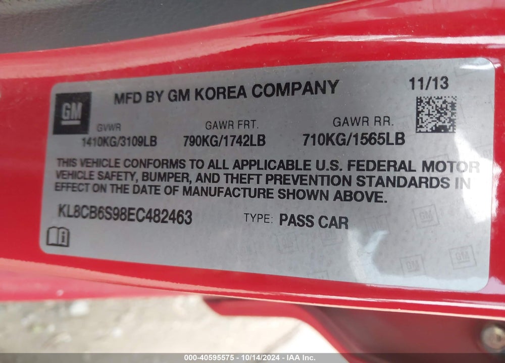 2014 CHEVROLET SPARK LS AUTO VIN: KL8CB6S98EC482463
