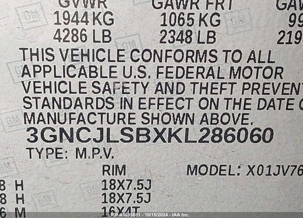 2019 CHEVROLET TRAX LT VIN: 3GNCJLSBXKL286060