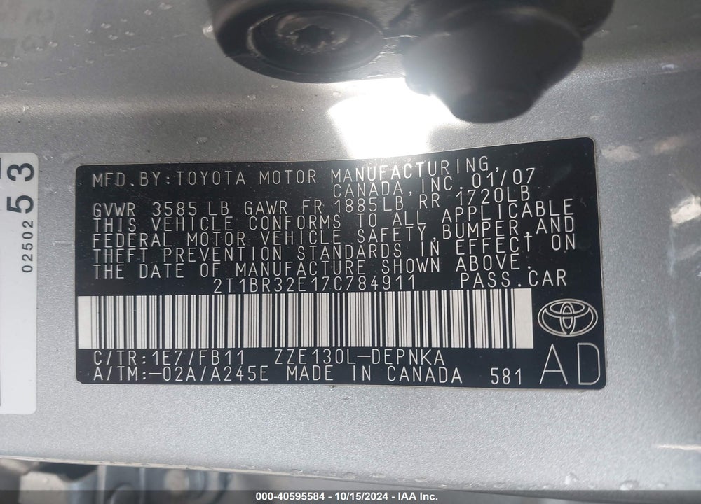 2007 TOYOTA COROLLA LE VIN: 2T1BR32E17C784911