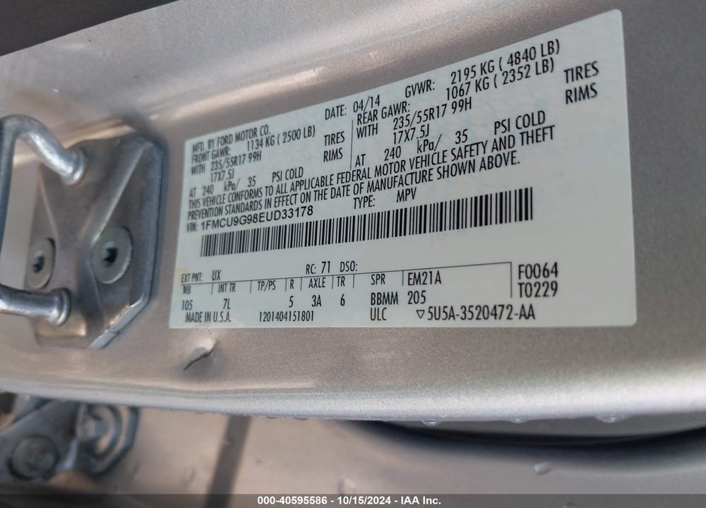 2014 FORD ESCAPE SE VIN: 1FMCU9G98EUD33178