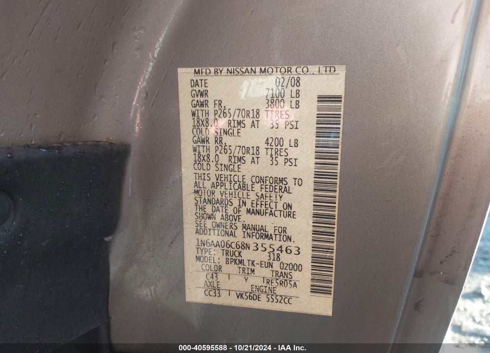 2008 NISSAN TITAN LE/PRO-4X/SE VIN: 1N6AA06C68N355463