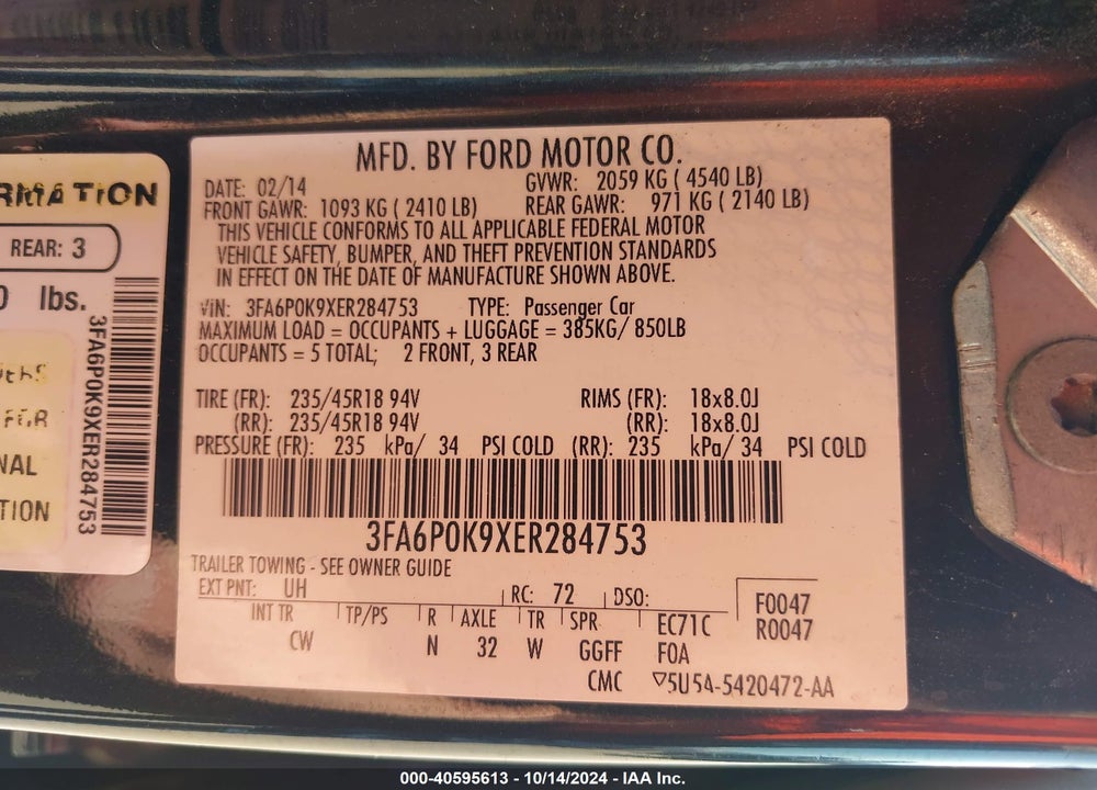 2014 FORD FUSION TITANIUM VIN: 3FA6P0K9XER284753