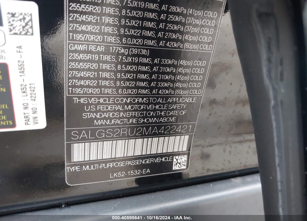 2021 LAND ROVER RANGE ROVER WESTMINSTER VIN: SALGS2RU2MA422421