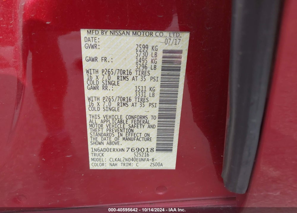 2017 NISSAN FRONTIER SV VIN: 1N6AD0ERXHN769018