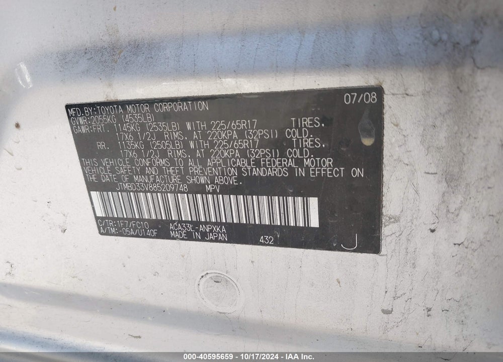 2008 TOYOTA RAV4 VIN: JTMBD33V885209748