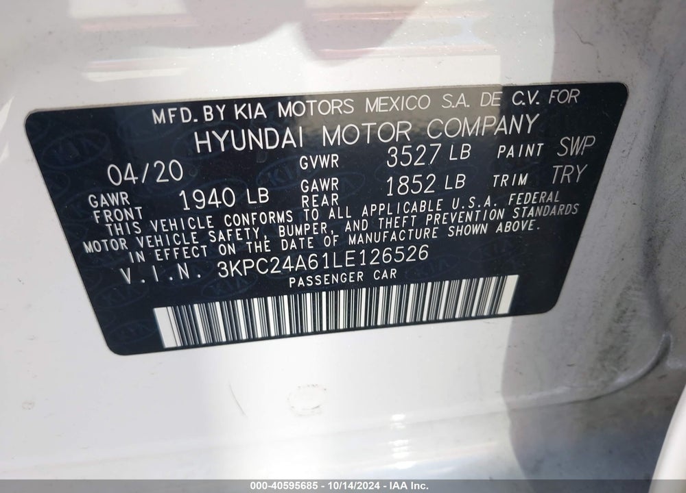 2020 HYUNDAI ACCENT SE VIN: 3KPC24A61LE126526