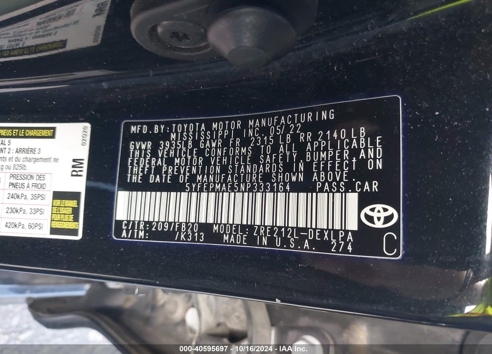 2022 TOYOTA COROLLA LE VIN: 5YFEPMAE5NP333164