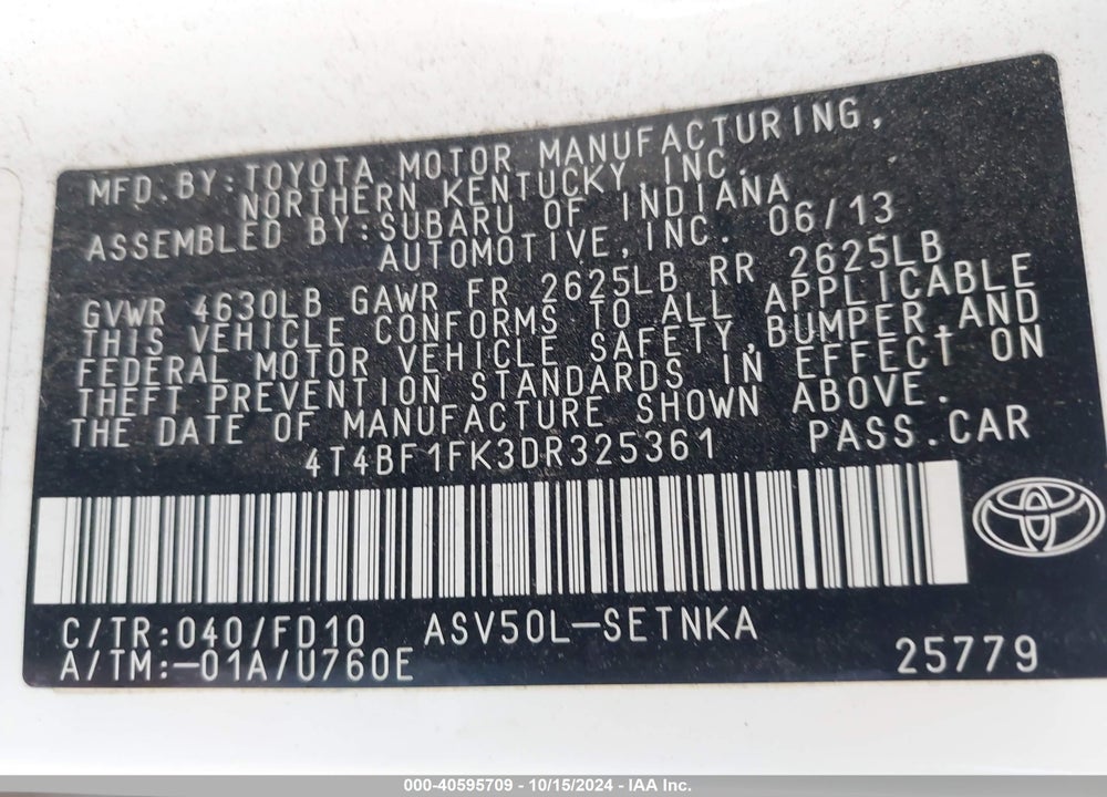 2013 TOYOTA CAMRY LE VIN: 4T4BF1FK3DR325361