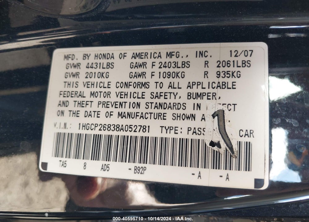 2008 HONDA ACCORD 2.4 EX-L VIN: 1HGCP26838A052781