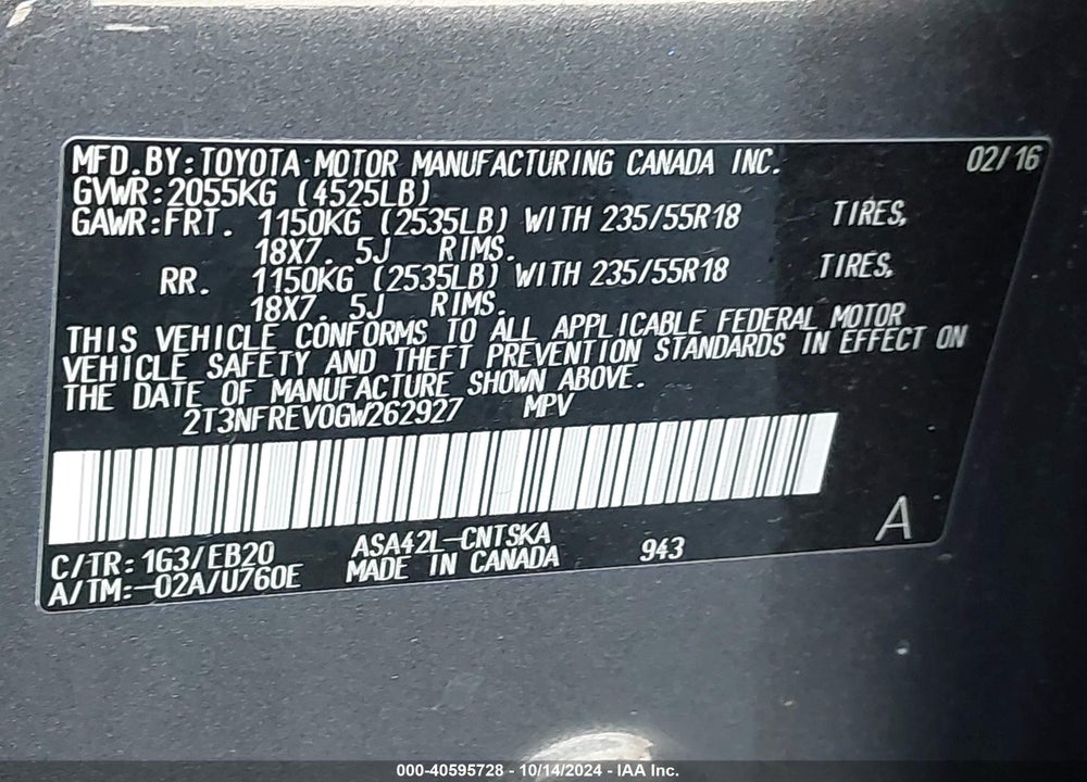 2016 TOYOTA RAV4 SE VIN: 2T3NFREV0GW262927