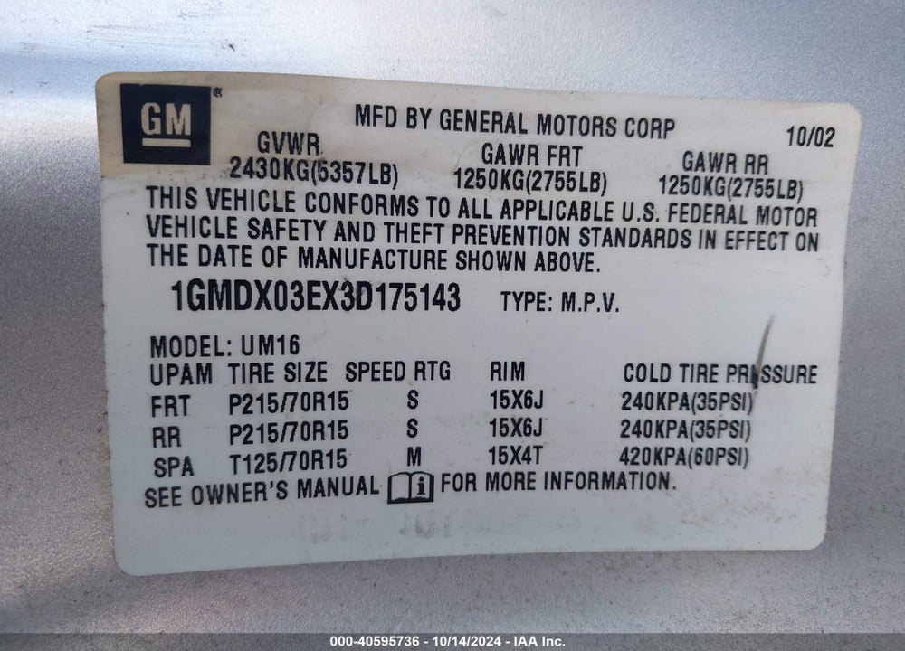 2003 PONTIAC MONTANA M16 W/1SA PKG. VIN: 1GMDX03EX3D175143
