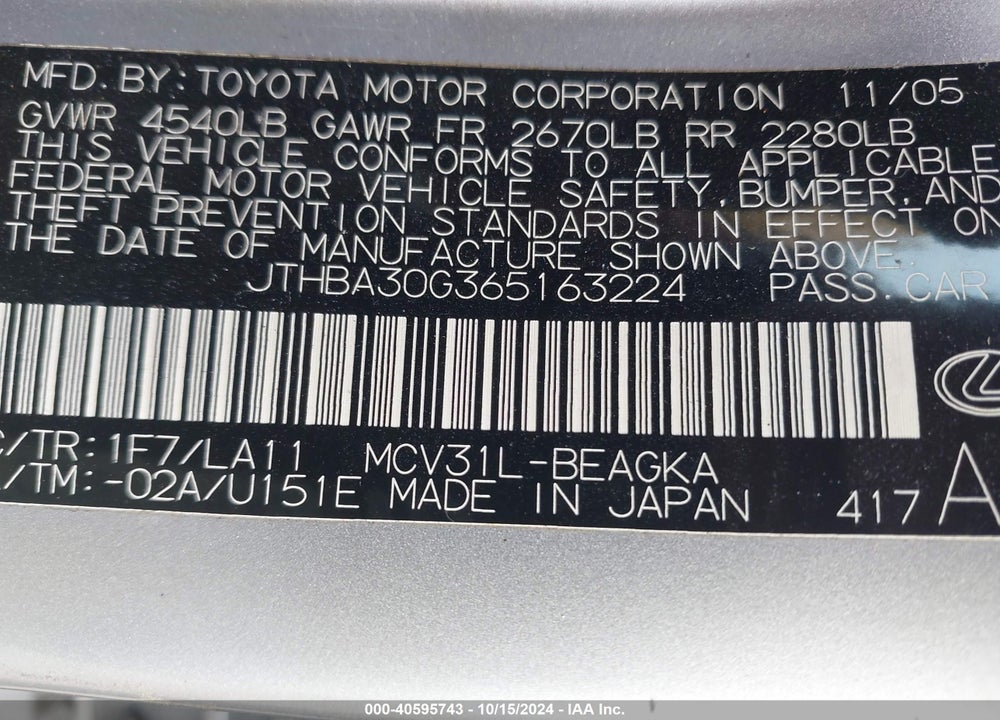 2006 LEXUS ES 330 VIN: JTHBA30G365163224