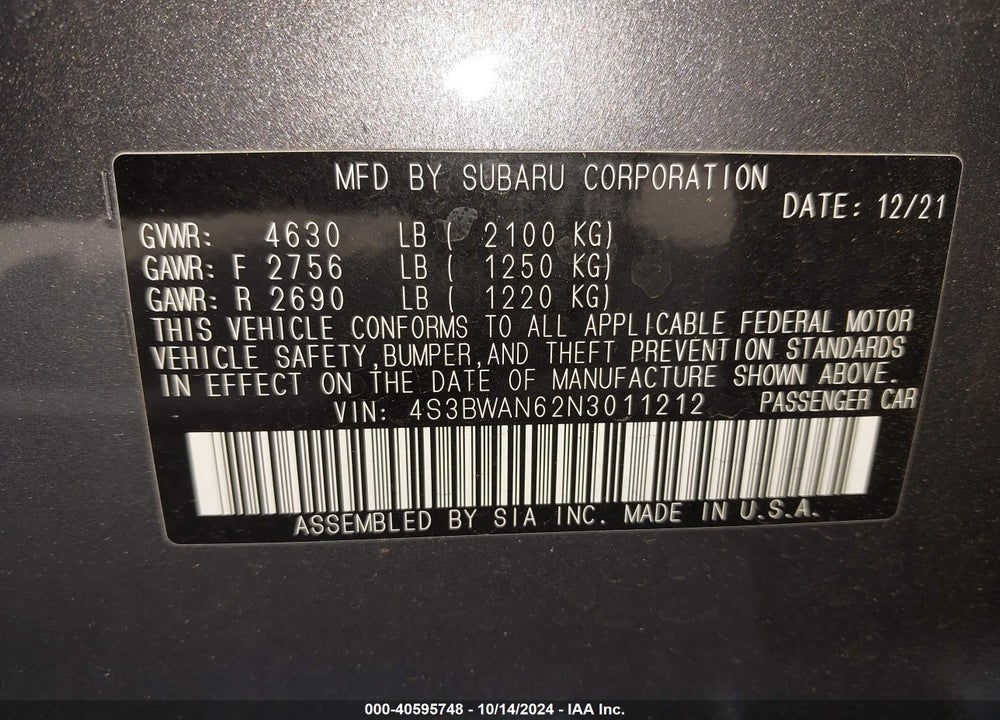 2022 SUBARU LEGACY LIMITED VIN: 4S3BWAN62N3011212