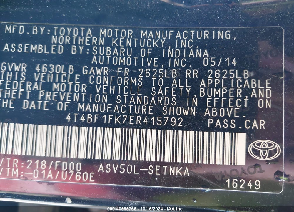 2014 TOYOTA CAMRY LE VIN: 4T4BF1FK7ER415792