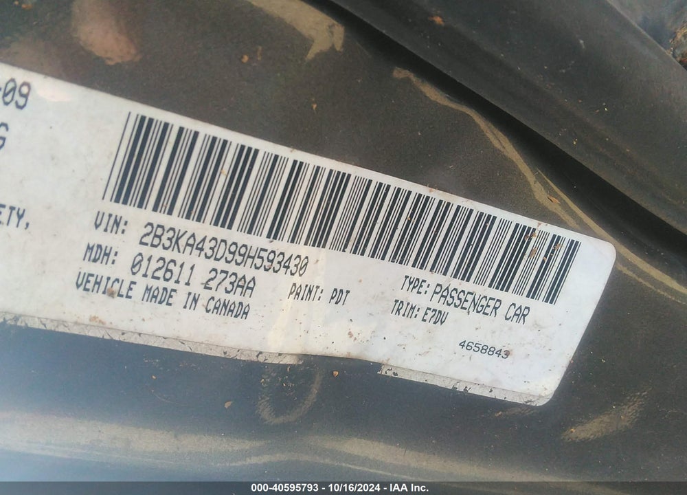 2009 DODGE CHARGER SE VIN: 2B3KA43D99H593430