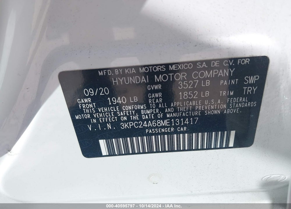 2021 HYUNDAI ACCENT SE VIN: 3KPC24A68ME131417