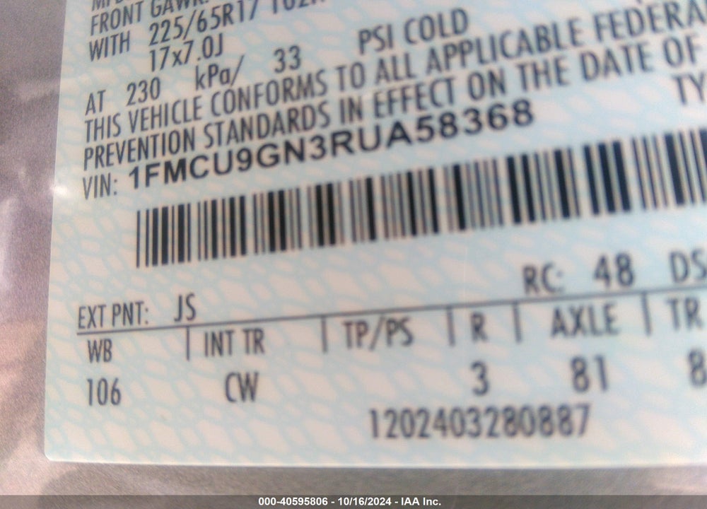 2024 FORD ESCAPE ACTIVE VIN: 1FMCU9GN3RUA58368