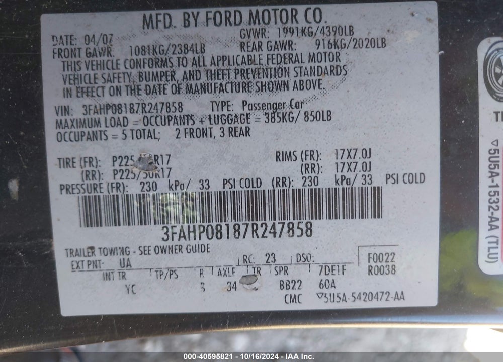 2007 FORD FUSION SEL VIN: 3FAHP08187R247858