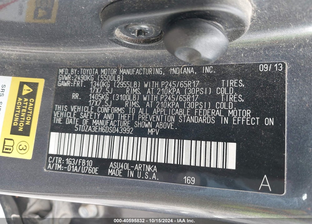 2013 TOYOTA HIGHLANDER VIN: 5TDZA3EH6DS043992