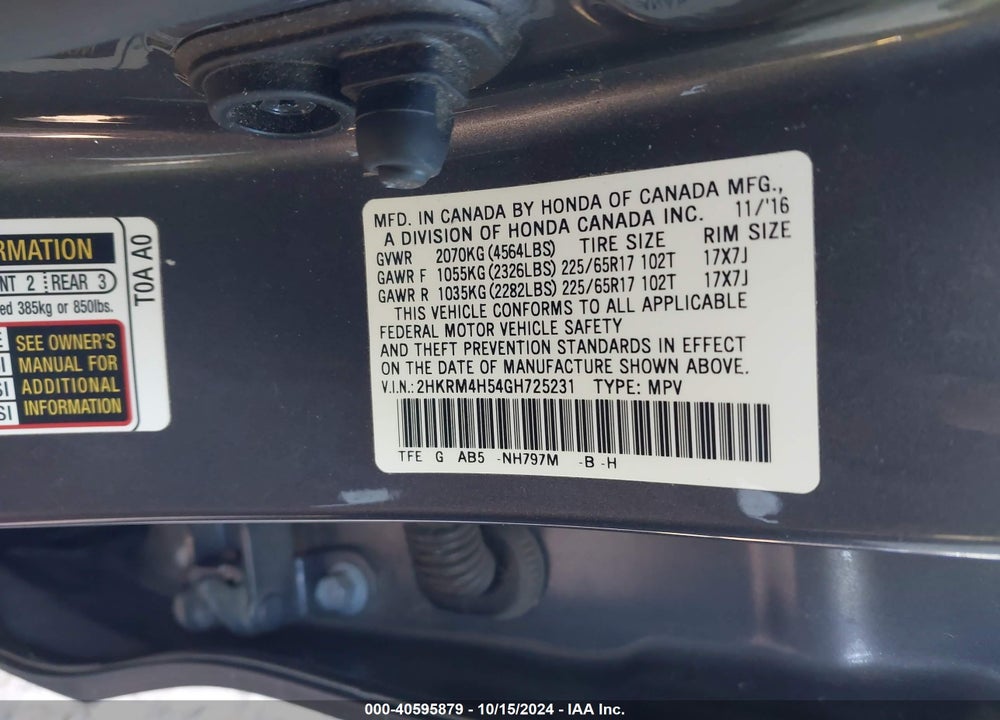 2016 HONDA CR-V EX VIN: 2HKRM4H54GH725231