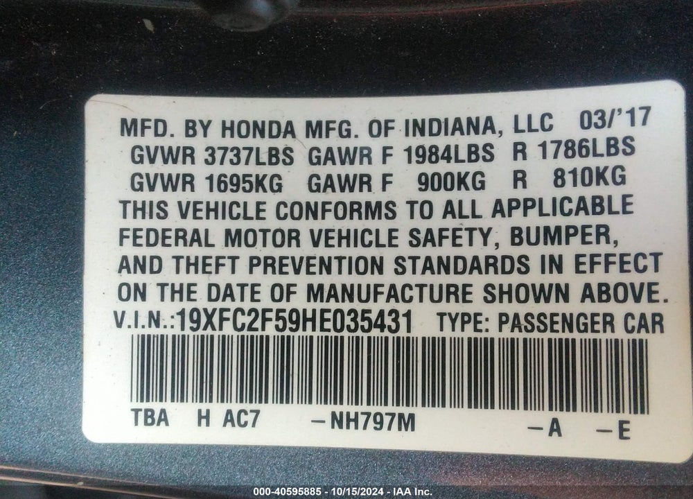 2017 HONDA CIVIC LX VIN: 19XFC2F59HE035431