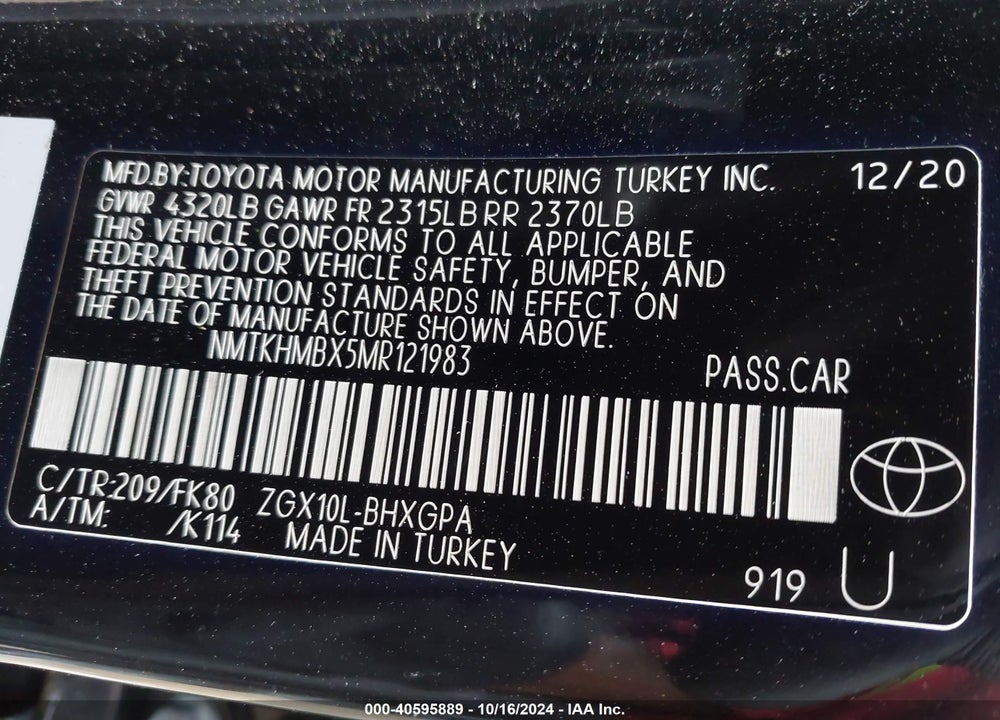 2021 TOYOTA C-HR XLE VIN: NMTKHMBX5MR121983