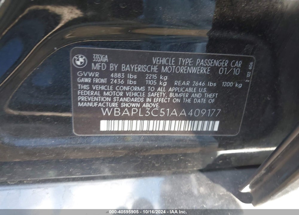 2010 BMW 335I XDRIVE VIN: WBAPL3C51AA409177
