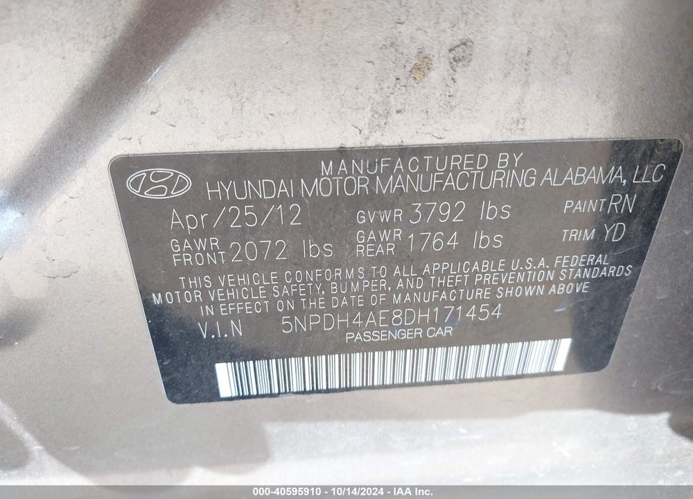 2013 HYUNDAI ELANTRA GLS VIN: 5NPDH4AE8DH171454