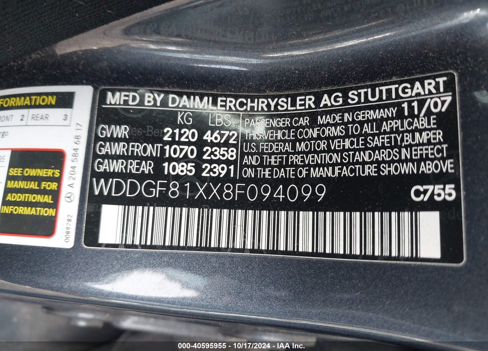 2008 MERCEDES-BENZ C 300 VIN: WDDGF81XX8F094099