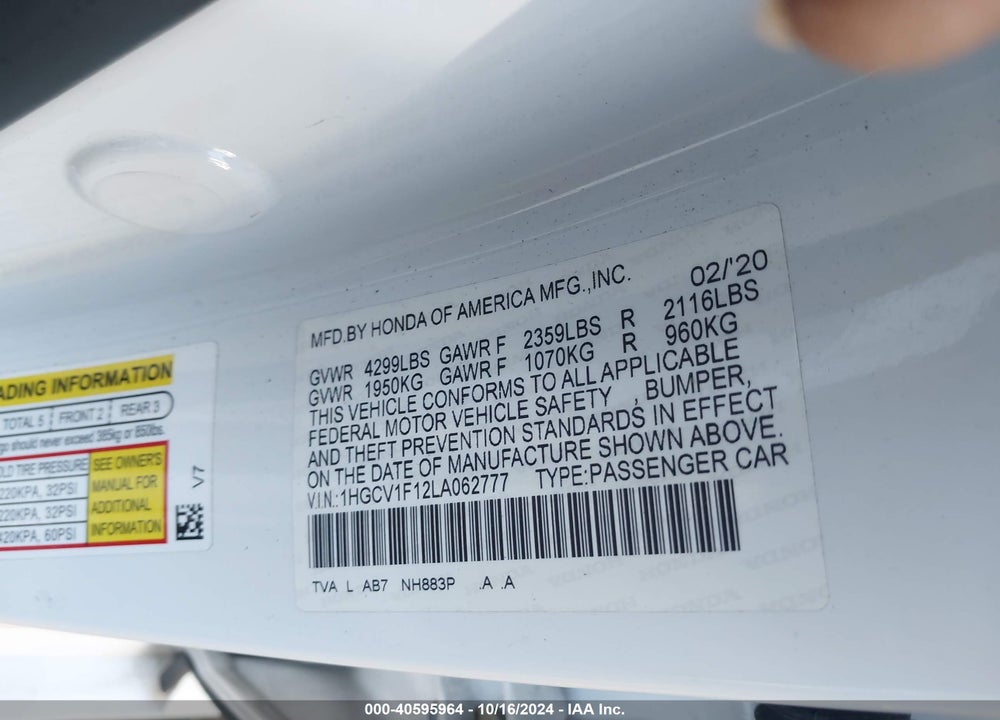 2020 HONDA ACCORD VIN: 1HGCV1F12LA062777